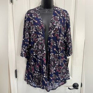 LuLaRoe Lindsay kimono in a blue, black, white, and pink paisley pattern
